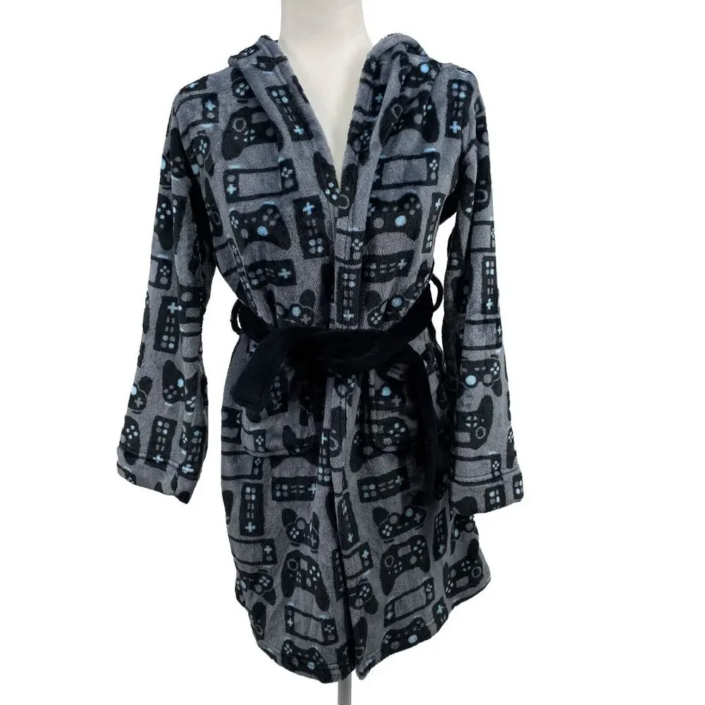 Cuddl Duds Boys Hooded Fleece Robe Gamer Print Size 14 16 Gray Tie Belt